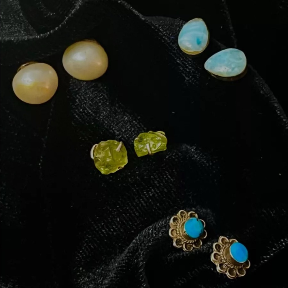 MixLot  925 Silver Gemstone Stud Earrings Pearl, Turquoise, Larimar, Peridot